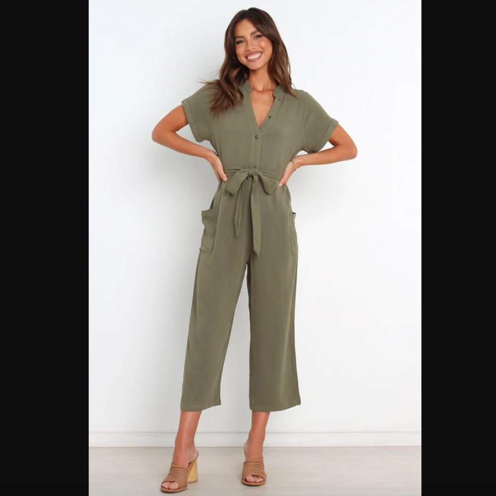 Petal & Pup Maverick Olive Green Belted Linen Cropped Jumpsuit 2